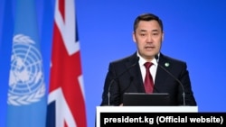 Кыргызстандын президенти Садыр Жапаровдун COP26 саммитинде сүйлөп жаткан учуру. 2-ноябрь, 2021-жыл