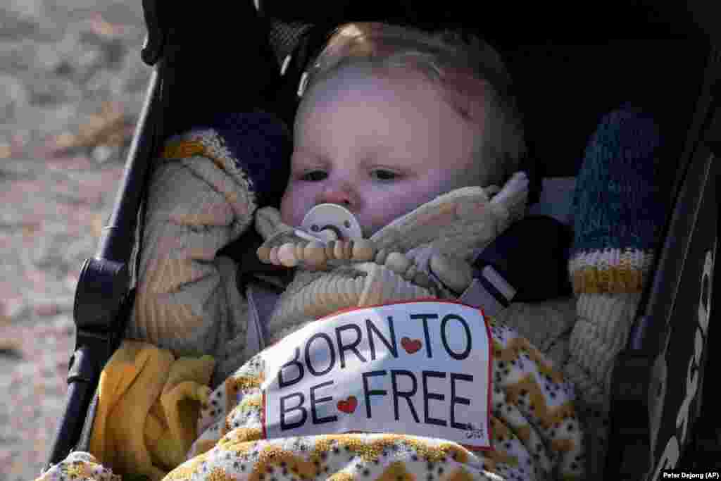 Протестувальник із дитиною у візочку стоять поруч із близько 20 вантажівками, які заблокували один із входів до урядових будівель в Гаазі, на знак протесту проти обмежень пов'язаних із COVID-19. Нідерланди. 12 лютого 2022 року