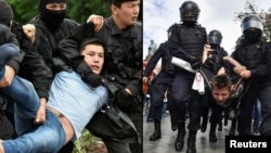 Задержание на антиправительственном протесте в Алматы (слева) и задержание в Москве во время   митинга «за справедливые выборы».