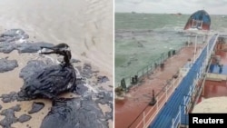 ნავთობით დასვრილი ჩვამა ზღვის ნაპირზე, რომლის მახლობლადაც ჩაიძირა რუსეთის ორი ტანკერი. (კოლაჟი)