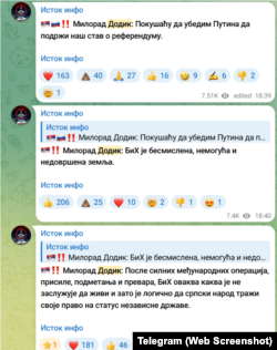 Niz objava kanala "Istok info" sa izjavama Milorada Dodika sa kraja avgusta i početka septembra.