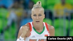 Belarus center Alena Leuchanka gestures after a basket during a game against Japan at the 2016 Summer Olympics in Brazil in August 2016.