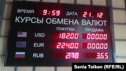 Ақтаудағы валюта айырбастау пунктінің біріндегі таблода доллар болмағандықтан, оның сатылу бағасы көрсетілмеген. Ақтау, 21 желтоқсан 2014 жыл.  