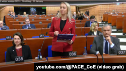Анжэла Мельнікава выступае на Парлямэнцкай асамблеі Рады Эўропы ў Страсбургу, 30 студзеня 2025 году
