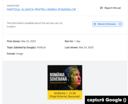 Reclamă plătită de AUR pe Google pentru manifestația de ziua lui Călin Georgescu.
