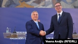 Kryeministri i Hungarisë, Viktor Orban dhe presidenti i Serbisë, Aleksandar Vuçiq. Beograd, 8 korrik 2021. 