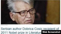 A screenshot of a hoax website that declared Serb nationalist Dobrica Cosic the winner of this year's Nobel Prize in Literature.