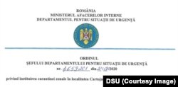 Ordonul DSU privind plasarea în carantină a localității Cartojani, Giurgiu