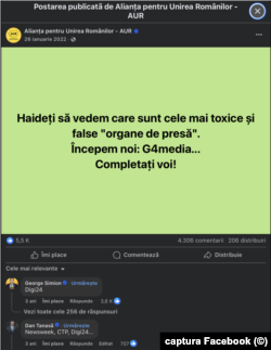 Facebook, pagina AUR, 26.01.2022: „Haideți să vedem care sunt cele mai toxice și false "organe de presă". Începem noi: G4media... Completați voi!”. „Digi24!”, scria George Simion, copreședinte al partidului, la momentul respectiv. „Newsweek, CTP, Digi24”, plusa Dan Tanasă.