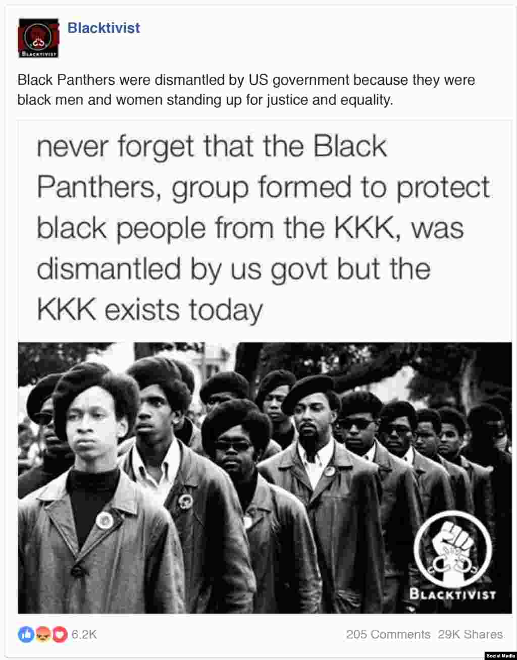 "Черные пантеры" (леворадикальная организация. &ndash; РС) были расформированы правительством США, потому что они состояли из черных мужчин и женщин, которые выступали за справедливость и равноправие, &ndash; утверждает этот пост. &ndash; "Черных пантер" расформировали, а ККК остался".&nbsp;&nbsp;