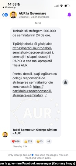 Captura mesaj de pe messengerul de Facebook al Alianței pentru Unirea Românilor (AUR) - apel pentru strângerea semnăturilor necesare pentru candidatura la președinție a lui George Simion, 12 martie 2025.