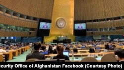 حمدالله محب، مشاور امنیت ملی افغانستان حین سخنرانی در نشست مجمع عمومی سازمان ملل متحد در نیویارک. September 30 2019