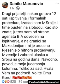 Poruka Danilo Marunović na Facebook-u, objavljena u kasnim satima 27. juna 2025.