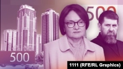 ელვირა ნაბიულინა - რუსეთის ცენტრალური ბანკის მმართველი და რამზან კადიროვი "გროზნო-სიტისა" და 500-რუბლიანის ახალი კუპიურის ფონზე. კოლაჟი 