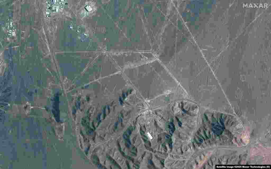 A satellite overview shows the Fordow enrichment facility and an access road before the US strike.