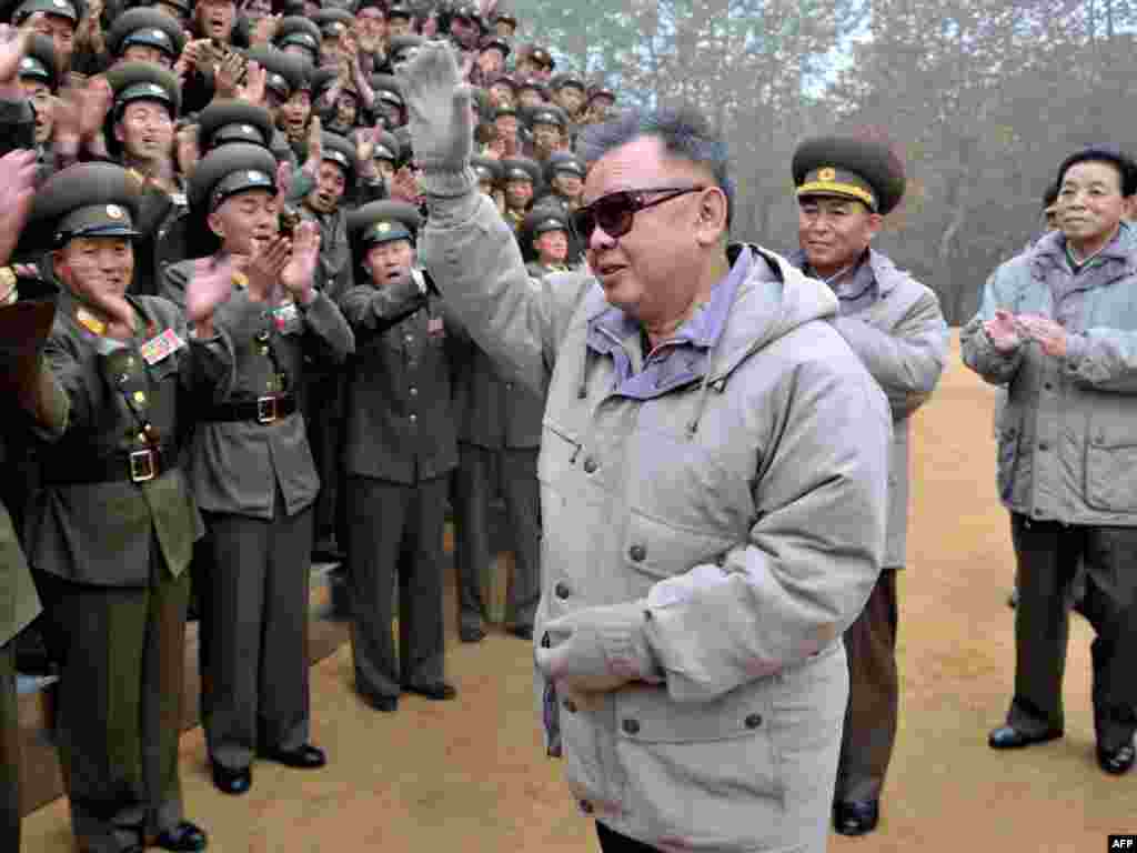 North Korean leader Kim Jong Il inspects a Korean People's Army unit in an undated image released on November 2, 2011.