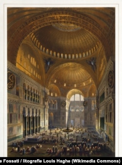 Imagine din secolul al XIX-lea cu nava fostei biserici Sfânta Sofia, din Constantinopol, devenită moschee după cucerirea Constantinopolului de către Imperiul otoman, în 1453. Imagine a arhitectului Gaspare Fosatti, reprodusă într-o litografie de Louis Haghe.