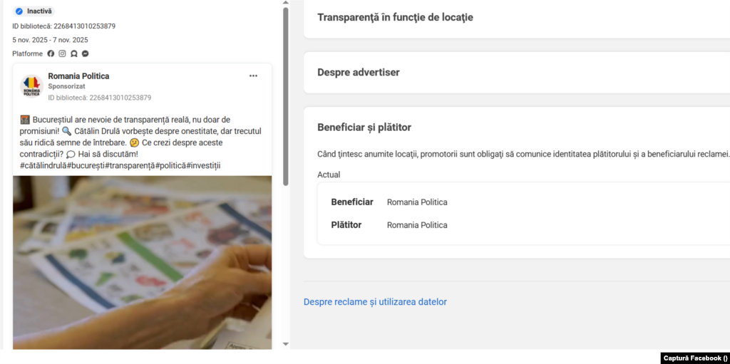Postare plătită România Politică împotriva lui Cătălin Drulă.