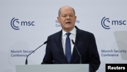 Олаф Шольц во время выступления на конференции по безопасности, Мюнхен, Германия, 15 февраля 2025 года