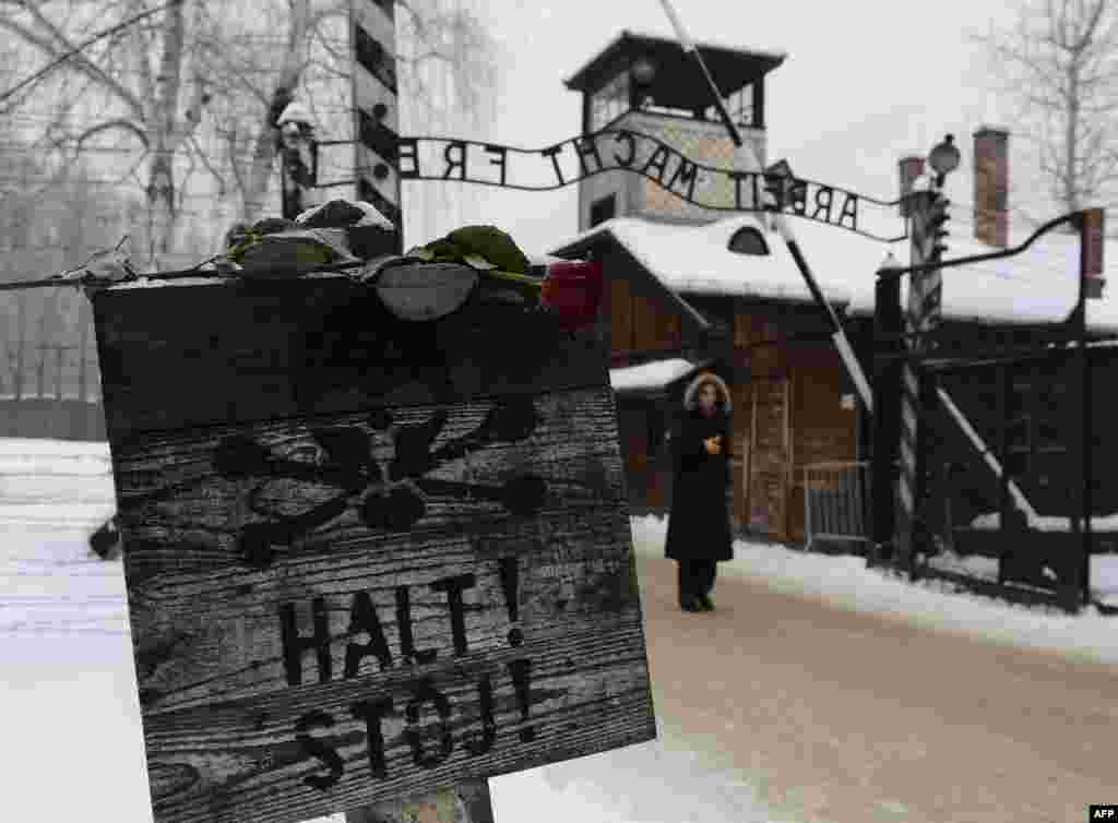 Освенцим/Аушвиц-Биркенау концентрациялық лагерінің қақпасы алдындағы "Тоқта!" деген ескерту жазу.