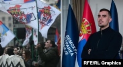 Kryetari i rinisë së Novi DSS-së, Vuk Marinoviq. Fotografia majtas është nga protesta para Gjykatës Kushtetuese në Beograd.