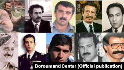 قربانیان قتل‌های فراقضایی، از بالا چپ، فریدون فرخزاد، عبدالله قادری آذر،اقبال مرادی، شاپور بختیار،علی‌اکبر محمدی، عبدالرحمن قاسملو، شهریار شفیق، پیشوا عزیزپور، حمیدرضا چیتگر، غلامعلی نارکی (کشاورز)