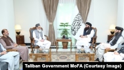 د طالبانو د بهرنیو چارو سرپرست وزیر امیر خان متقي (ښي لوري ته) په کابل کې د پاکستان د سفارت له ناظم الامور عبید الرحمان نظاماني سره خبرې کوي - د اپرېل ۱۴مې انځور.