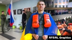 Владислав Руденко з Херсона. На тлі: українські діти в окупації з прапором РФ та зброєю. Колаж